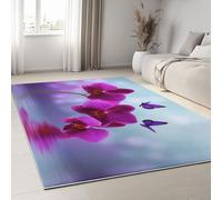 Tappeti per Il Soggiorno 80 x 150 cm Tappeti Morbidi Antiscivolo, Orchidea Viola a Goccia D'Acqua Farfalle Tappeto Sottile Lavabile in Lavatrice, Scenari Naturali Tappeto per Ufficio, Sala Giochi