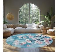 Tappeti per la zona rotonda 80cm（Rotondo） Tappeto antiscivolo lavabile per camera da letto tappeti floreale rosa primaverile per soggiorno pranzo tappeto in fiori ciliegio in fiori cielo blu