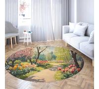Tappeti rotondi in stile acquerello 110cm fiori di tulipano colorati sul sentiero forestale tappeto circolare morbido antiscivolo a pelo corto per camera da letto e sala da pranzo