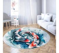 Tappeti rotondi in stile pittura a inchiostro giapponese 200cm Feng Shui Buona fortuna Koi Fish Tappeto circolare pieghevole antiscivolo a pelo basso per l'arredamento della camera da letto della casa