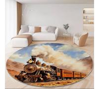 Tappeti Rotondi per Soggiorno 100 cm, Pittura a olio Treno a vapore Deserto Tema Lavabile in Lavatrice Tappeto Rotondo per Ufficio - Colorato Chiaro Tappeto Soffice avec Support Antidérapant en TPR