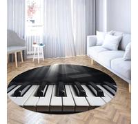 Tappeti rotondi per studi di musica moderna 180cm - Tasti per pianoforte Tappeto circolare a pelo corto per soggiorno Camera da letto Ufficio Balcone Comodino Nero Bianco