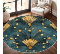 Tappeti rotondo 180 cm per Soggiorno Home Decor Arte Con Motivo a Ventaglio Dorato Antiscivolo Non perde Pelo Corto Tappeti Rotondi Ciano Scuro, Tappeto rotondo per interni per camera da letto