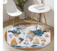 Tappeti Rotondo Antiscivolo 100 cm, Lavabile Tappeto Con Stampa Morbido Pelo Corto Fumetto Mappa Del Mondo Barca A Vela Per Camera Da Letto Sala Da Pranzo Cameretta Dei Bambini, Marrone Bianco