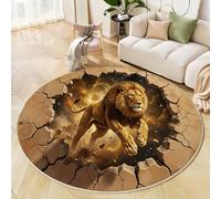 Tappeti Rotondo Leone D'Oro Che Sfonda Il Muro 80cm, Tappeto Rotondo Da Salotto Lavabile Arte Illusionistica 3D Fantasy, Tappeto a Pelo Corto Di Facile Manutenzione per Camera Da Letto Cucina