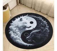 Tappeti Rotondo Nero Grigio Yin Yang Wolf 3D Moderno Decorativo Tappeto Morbido Antiscivolo Per Soggiorno Camera Da Letto Ragazzi Adolescenti, Gaming Chair Foot Pad (Grigio 3,150 cm)