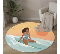Tappeti Rotondo Onde Dell'Oceano Ragazza Che Fa Surf 60cm, Tappeto Rotondo Da Salotto Lavabile Stile Cartone Animato Retrò, Tappeto a Pelo Corto Di Facile Manutenzione per Camera Da Letto Cucina
