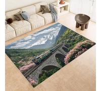 Tappeti Salotto Imitazione Cashmere 100x150 cm Stampa Treno Fiore Binari Creativo 3D Motivi Squisiti Tappeto Bagno Antiscivolo Lavabile Adatto a Corridoi Ville Classiche Angoli Lettura Moquette