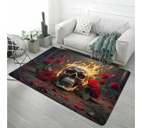 Tappeti Teschio in Fiamme & Rosa Rossa, Flanella Antiscivolo, Tappeto d’Arte Gotica Oscura per Salotto, Camera da Letto, Stile Punk Decorativo per Decorazione Casa & Lounge, 120x180 cm, Color 3