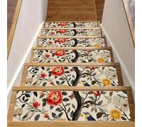 Tappetini antiscivolo per gradini in legno, confezione da 15 pezzi, 20,3 x 76,2 cm, tappetini di sicurezza per bambini, anziani e cani, stile foresta, fiori, piante, uccelli, farfalle, sfondo beige