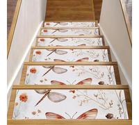 Tappetini antiscivolo per gradini in legno, confezione da 15 pezzi, 20,3 x 76,2 cm, tappetini di sicurezza per bambini, anziani e cani, acquerelli astratti fiori, piante, farfalle volanti e libellule