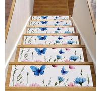 Tappetini antiscivolo per gradini in legno, confezione da 15 pezzi, 20,3 x 76,2 cm, tappetini di sicurezza per bambini, anziani e cani, fiori di campo blu e rosa con farfalle