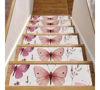 Tappetini antiscivolo per gradini in legno, confezione da 15 pezzi, 20,3 x 76,2 cm, tappetini di sicurezza per bambini, anziani e cani, farfalle e fiori rosa e lilla