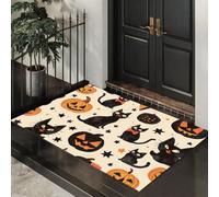 Tappetini Antiscivolo per Ingresso Gatto Nero, Zucca E Stelle Zerbino Ultra Sottile Halloween Americano Retrò Tappeto Ingresso Casa Lavabile per Porta Casa, Ufficio e Condominio, 60x120 cm, Albicocca