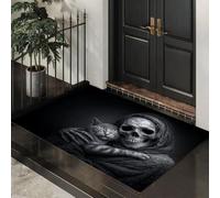 Tappetini Antiscivolo per Ingresso Teschio Che Tiene In Braccio Gatto Zerbino Ultra Sottile Realismo Contrastante Tappeto Ingresso Casa Lavabile per Porta Casa, Ufficio e Condominio, 40x60 cm, Nero
