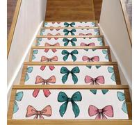 Tappetini antiscivolo per scale, confezione da 15 pezzi, 20,3 x 76,2 cm, lavabili in lavatrice, per interni, gradini in legno, graziosi fiocchi colorati e nastri, motivo senza cuciture