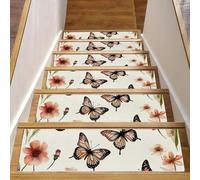 Tappetini antiscivolo per scale, confezione da 15 pezzi, 20,3 x 76,2 cm, lavabili in lavatrice, per interni e gradini in legno, simpatici fiori colorati e farfalle senza cuciture