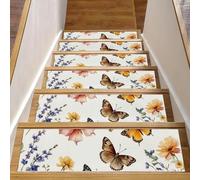 Tappetini antiscivolo per scale, confezione da 15 pezzi, 20,3 x 76,2 cm, lavabili in lavatrice, per interni, gradini in legno, fiori di campo colorati e farfalle
