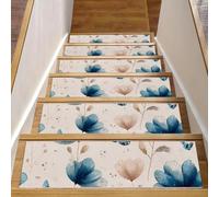 Tappetini antiscivolo per scale, confezione da 15 pezzi, 20,3 x 76,2 cm, lavabili in lavatrice, per interni, gradini in legno, fiori blu e farfalle volanti, motivo acquerello