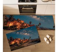 Tappetini Cucina Antiscivolo 2 Pezzi, Villaggio Sotto Il Cielo Notturno, Set Tappeti Da Cucina Con Architettura Dell'Antico Egitto Per Ingresso, Corridoio E Sala Da Pranzo, 45*75Cm+45*150Cm