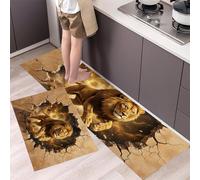 Tappetini Da Cucina 2 Pezzi,Grotta Tridimensionale 3D Tappeto Cucinas Antiscivolo,Il Leone D'Oro Uscì Dalla Caverna Antiscivolo Tappeti Da Cucina, Lavabile, Adatto Per Corridoi,Giallo,44×70Cm+44×120Cm