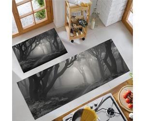 Tappetini da cucina 2 pezzi, Tappeto Cucina Antiscivolo, Vento della Foresta Oscura Alberi morti e sentiero nebbioso Tappeti da Cucina, lavabile, Adatto per corridoi,Nero e grigio, 45x75+45x150cm