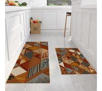 Tappetini da Cucina 50x80cm+50x150cm Tappeti da Cucina Triangoli E Quadrati Tappeto Passatoia Corridoio Stile Country Tappetino Antiscivolo per Camera da Letto Soggiorno Ufficio, Marrone Rossastro