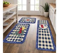 Tappetini da cucina a scacchi con ciliegie per pavimento, morbidi tappetini vintage in stile rustico, comodi e lavabili, per lavelli da cucina, lavanderia e bagno, 3 pezzi