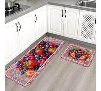 Tappetini da cucina artistici vivaci per pavimento, con fragole e mirtilli, comodi, lavabili, decorativi, per lavelli da cucina, lavanderia e bagno, 2 pezzi