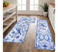 Tappetini da cucina blu floreali per pavimento, eleganti tappetini morbidi vintage con motivo uccellino, imbottiti a molla, comodi, lavabili, decorativi, per lavelli da cucina, lavanderia e bagno, 3