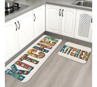 Tappetini da cucina colorati per pavimento, con design giocoso con lettere, morbidi, imbottiti, confortevoli, lavabili, antiscivolo, per lavelli da cucina, lavanderia e bagno, 2 pezzi