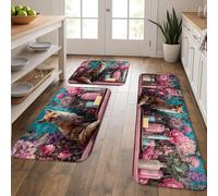 Tappetini da cucina floreali per pavimenti, volpe e fiori, vintage, morbidi, imbottiti, confortevoli, lavabili, antiscivolo, per lavelli da cucina, lavanderia e bagno, 3 pezzi