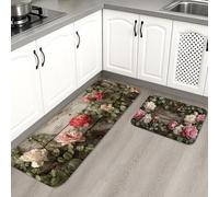 Tappetini da cucina floreali per pavimento, in memory foam, con motivo floreale rustico, vintage, imbottiti, comodi, lavabili, antiscivolo, per lavelli da cucina, lavanderia e bagno, 2 pezzi