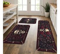 Tappetini da cucina gotici vintage per pavimento, design con teschio e rose, morbidi tappetini imbottiti, comodi, lavabili, decorativi, per lavelli da cucina, lavanderia e bagno, 3 pezzi