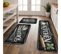 Tappetini da cucina in stile lavagna per pavimento, design vintage con utensili da cucina, imbottiti, comodi, lavabili, decorativi, per lavelli da cucina, lavanderia e bagno, 3 pezzi
