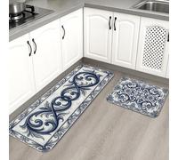 Tappetini da cucina per pavimenti, eleganti e vintage, morbidi, imbottiti, comodi, lavabili, per cucina, lavanderia, bagno, 2 pezzi, colore: blu navy