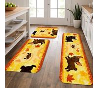 Tappetini da cucina per pavimento con cani, graziosi cuccioli con foglie autunnali, morbidi, imbottiti, confortevoli, lavabili, antiscivolo, per lavelli da cucina, lavanderia e bagno, 3 pezzi