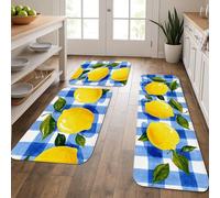 Tappetini da cucina per pavimento, motivo a scacchi blu, morbidi, vintage, imbottiti, comodi, lavabili, antiscivolo, decorativi, per lavelli da cucina, lavanderia e bagno, 3 pezzi