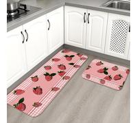Tappetini da cucina per pavimento, motivo a scacchi, con fragole, morbidi, imbottiti, confortevoli, lavabili, antiscivolo, per lavelli da cucina, lavanderia e bagno, 2 pezzi