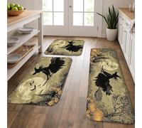 Tappetini da cucina vintage con motivo strega per pavimento, design con gatto e scopa, morbidi, imbottiti, confortevoli, lavabili, antiscivolo, per lavelli da cucina, lavanderia e bagno, 3 pezzi
