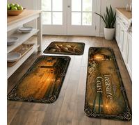 Tappetini da cucina vintage costieri per pavimento, con faro nautico rustico, morbidi, imbottiti, comodi, lavabili, decorativi, per lavelli, lavanderia e bagno, 3 pezzi
