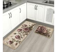 Tappetini da cucina vintage floreali per pavimento, con rose viola antiche, morbidi tappetini imbottiti a molla, comodi, lavabili, decorativi, per lavelli da cucina, lavanderia e bagno, 2 pezzi