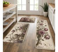 Tappetini da cucina vintage floreali per pavimento, con rose viola antiche, morbidi tappetini imbottiti a molla, comodi, lavabili, decorativi, per lavelli da cucina, lavanderia e bagno, 3 pezzi
