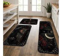 Tappetini da cucina vintage gotici per pavimento, design con rose e libro, morbidi tappetini imbottiti autunnali, comodi, lavabili, decorativi, per lavelli da cucina, lavanderia e bagno, 3 pezzi