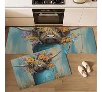 Tappetini da Stile Country, Set di 2 Tappeto da Cucina Secchio di ferro a forma di mucca delle Highlands Antiscivolo Tappeto Passatoia per Ufficio, Lavello, Scrivania in Piedi, 45x75+45x150cm, Blu
