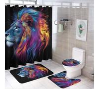 Tappetini in peluche classici con schizzi di leone colorati, 4 pezzi + tappetino di contorno e coperchio con supporto in gomma + tenda per finestra anti-sbiadimento - Accessori per il bagno