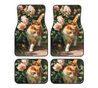 Tappetini per auto con gatto arancione in un roseto, 4 pezzi, resistenti, antiscivolo, impermeabili, con bordo su misura, adatti a tutte le auto, berline, SUV e camion.