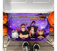 Tappetini Porta Dingresso Resistente Tappetino Da Bagno Divertenti Zerbino Di Benvenuto Per Terrazzo Camera Letto Soggiorno 40X60Cm Una Strega, Un Diavolo E I Loro Mostri Vivono Qui - Halloween