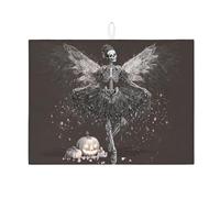 Tappetini scolapiatti assorbenti per il piano di lavoro della cucina con fata scheletro di Halloween, spettrale tappetino scolapiatti assorbente bianco e nero, tappetino scolapiatti in microfibra autu