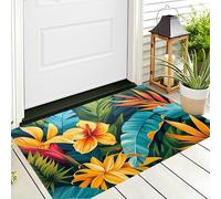 Tappetino Antiscivolo Arancione Blu Fiori Foglie Verdi 3D,Benvenuto Interni Ed Esterni Tappeto Giungla Tropicale,Zerbino Per Porta D'Ingresso Camera Da Letto Soggiorno,90X150Cm